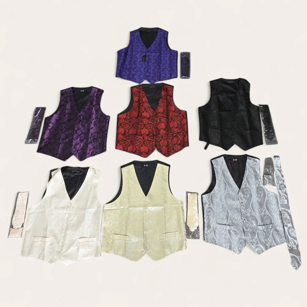 Hi-Tie & Barry Wang Mens Vest Lot 7pc Paisley Jacquard XL/L Multi Formal Wedding